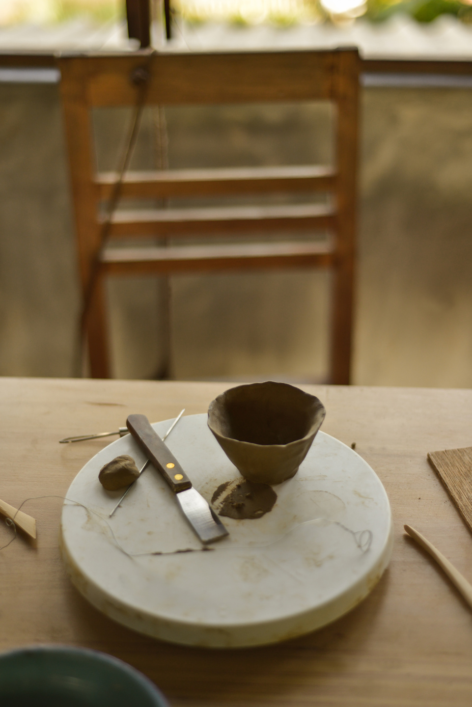 Clay Pinch Pot and Tools in Artist Studio, Thailand